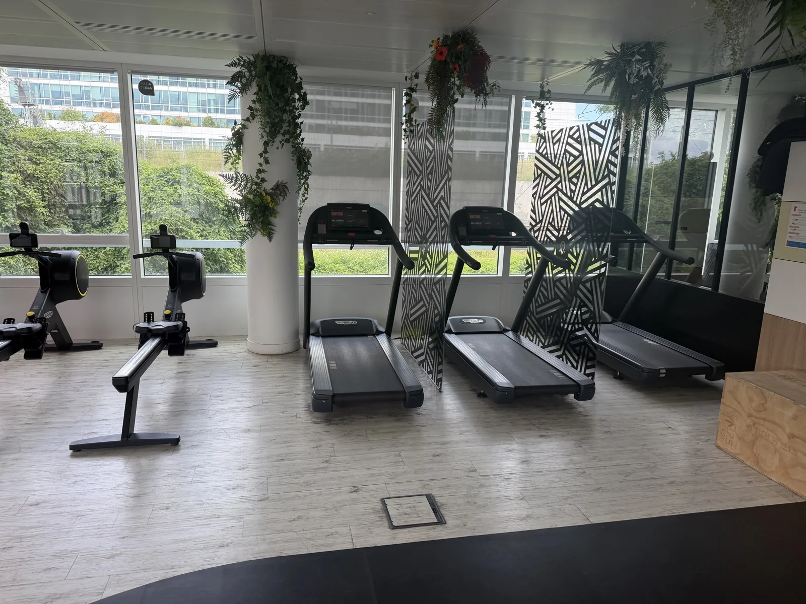 L’espace Wellness SGP au 1er étage : tapis de course, rameurs et baies vitrées.